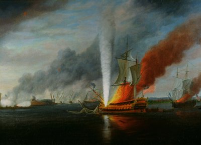 Das Brennen der H.M.S. Augusta im Jahr 1777 von English School